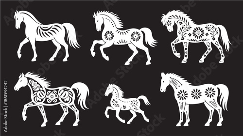 Set of six white decorative horses with intricate patterns for cultural design and isolated on black background