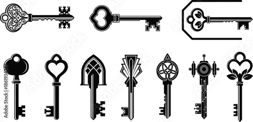 Vintage ornamental key silhouettes set, antique classic and modern key designs, black vector icons isolated on white background