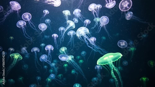 Wallpaper Mural Underwater scene numerous glowing jellyfish swimming in deep blue water Torontodigital.ca