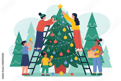 Joyful family decorating a Christmas tree together, spreading holiday cheer outdoors