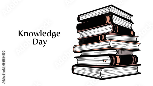 Knowledge Day greeting card featuring a stack of books on a white background