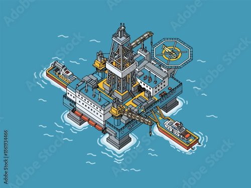 Isometric illustration of an offshore oil drilling rig with two supply vessels and a helicopter
