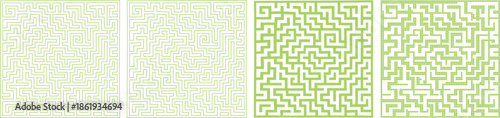 A collection of four green maze designs with varying line styles and patterns