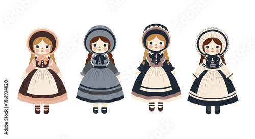 Set of four Victorian style dolls in various traditional dresses and bonnets featuring a classic color palette for vintage toys.
