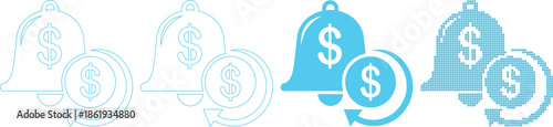 A set of four different blue icons depicting a bell and a coin with a dollar sign