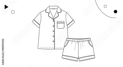 Line art illustration of a set of short-sleeved pajamas consisting of a button-up shirt and matching shorts for comfortable sleepwear.