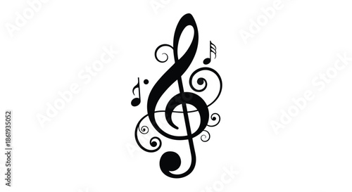 Decorative black treble clef symbol with musical notes and elegant swirls, perfect for music schools, concerts, and artistic performances.