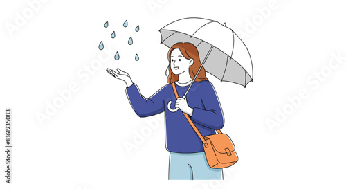 Young woman standing under white umbrella enjoys falling rain by catching drops with her hand on bright and overcast day.