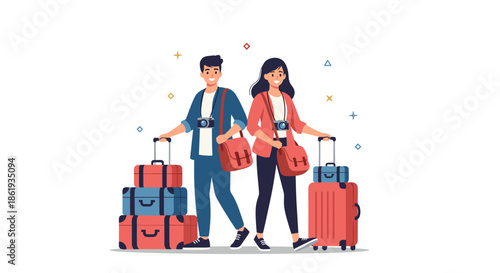 Happy couple with cameras and various suitcases prepared for exciting vacation journey or world travel trip together.