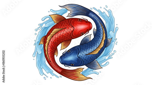 Two vibrant red and blue koi fish swimming in a circular yin-yang pattern, surrounded by dynamic water splashes, symbolizing harmony and balance.