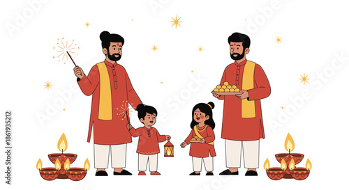 Indian family wearing traditional red kurtas celebrates diwali festival with oil lamps and sparkling firecrackers at night.