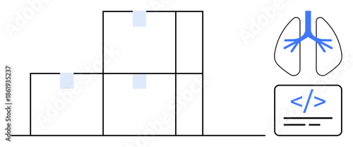 Healthcare innovation, logistics, technology, coding, data organization, medical illustration. Stacked boxes, lungs with airways coding interface. Healthcare and logistics conceptual