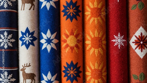 Fabric rolls with winter and autumn patterns