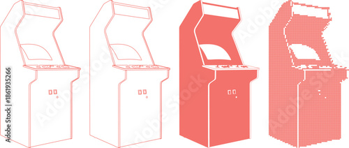 Four different colored arcade machines in various design styles and formats side by side