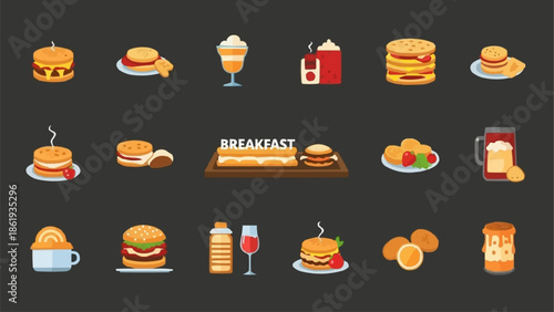 Collection of breakfast food icons and illustrations.
