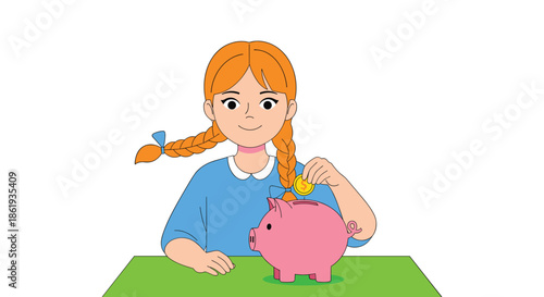 Young girl with red braids saves money by putting gold coin into pink piggy bank sitting on green table surface indoors.
