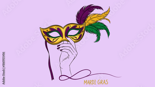 Mardi Gras card featuring a decorative mask held in a hand on a lavender background