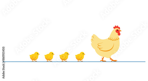 Mother hen walks in a straight line followed closely by four cute little yellow chicks on white background area.