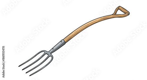 Detailed drawing of garden pitchfork tool with long wooden handle and sharp metal tines used for farm work or soil cultivation.