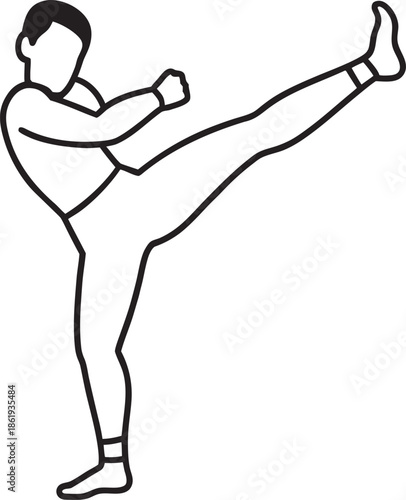Minimalist Line Art Icon of a Person Performing a High Kick in Martial Arts