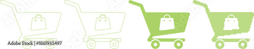 Four different green shopping cart icons with bags on white background for e commerce