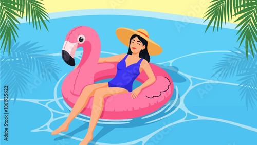 Woman relaxing on a pink flamingo float in a blue swimming pool with palm leaves.