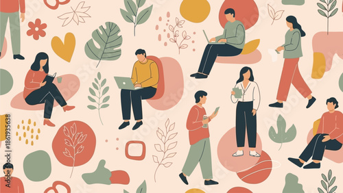 A seamless pattern featuring diverse stylized people in various poses surrounded by pastel-colored leaves on a white background.