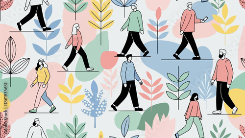 Seamless pattern of diverse people walking among stylized pastel leaves and plants, illustrating community and movement.
