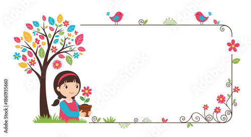 Young girl watering flowers near colorful tree with leaves inside decorative floral frame for spring season theme.