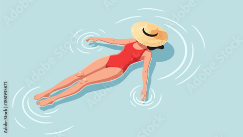 A woman in a red swimsuit and straw hat floats peacefully on her back in clear blue water, creating gentle ripples around her.