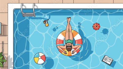 A woman in a blue swimsuit and yellow inflatable ring floats peacefully in a light blue swimming pool on a sunny day, enjoying leisure time.