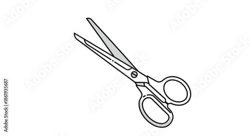 Detailed line drawing of open metal scissors with silver blades and black handles used for craft or office work activities.