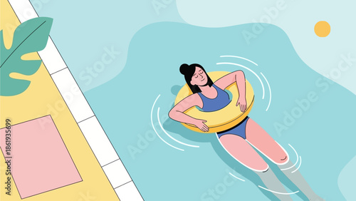 A woman in a blue swimsuit and yellow inflatable ring floats peacefully in a light blue swimming pool on a sunny day, enjoying leisure time.