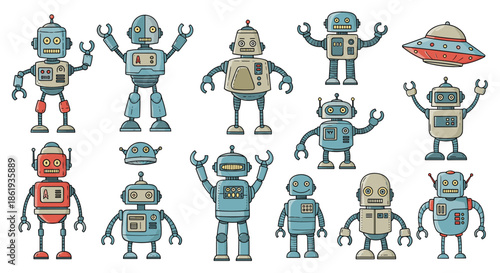 Large set of retro toy robots with different shapes and colors plus red flying saucer for space themed collection ideas.