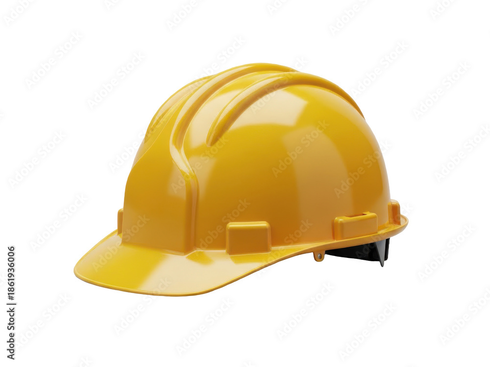 Fototapeta premium Bright yellow hard hat for construction and industrial safety, protective headgear for workers, helmet for building sites isolated on transparent background