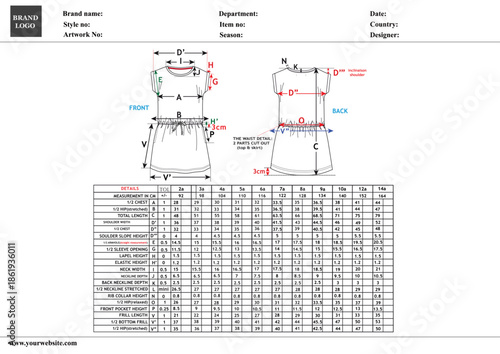 Children's Dress Technical Specification Sheet with Measurement Chart