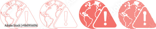 Global Warning Signs and Earth Globe Icons in Red Color