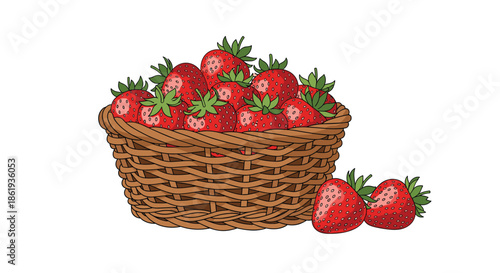 Braided wicker basket overflowing with fresh ripe red strawberries sitting on white background for healthy food theme.