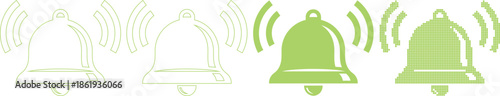 Green bell icons with sound waves in different styles and shades