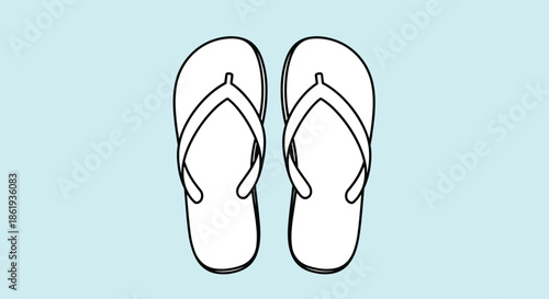 Simple black and white line drawing of pair of summer flip flops or sandals against light blue background surface.
