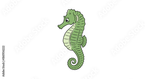 Detailed illustration of green seahorse with long tail and large eye swimming peacefully in marine environment.