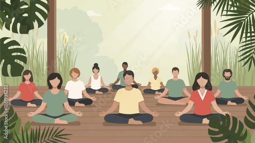 A diverse group of people meditating in a peaceful, open-air studio surrounded by lush green plants and natural light.