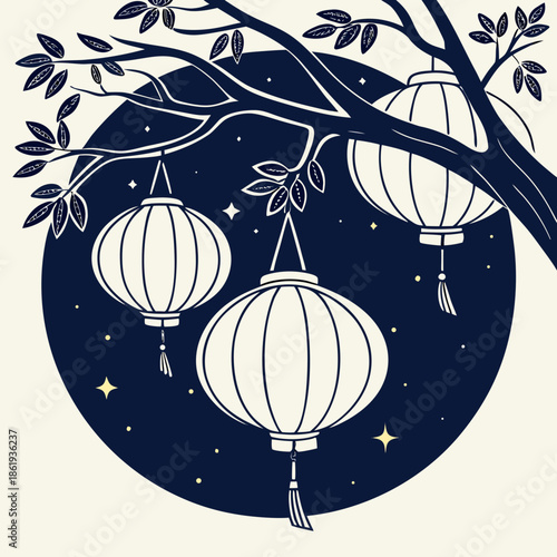 Lanterns in the Quiet Alley — Editorial Night Scene Vector Illustration with Chinese Lanterns and Minimal Asian Aesthetic