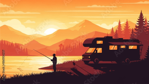 A person fishing by a serene lake with an RV parked nearby, silhouetted against a vibrant orange and red mountain sunset.