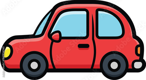 A charming simple red car with thick outlines and blue windows, perfect for cartoon designs