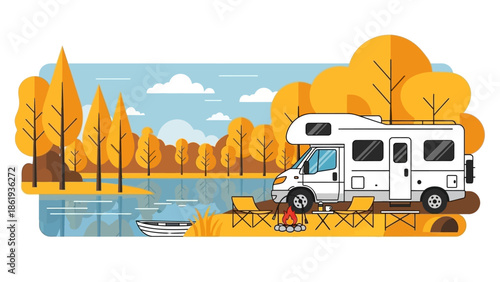 A white RV parked by a tranquil lake with autumn trees, a campfire, and camping chairs, depicting a peaceful outdoor adventure.