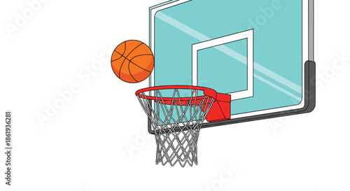 Basketball flies through air towards red hoop and net attached to glass backboard during exciting sports match arena.