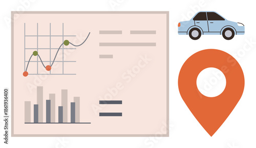 Analytical chart with line graph and bar chart, car and location marker. Ideal for transportation, logistics, delivery, tracking, analytics, business strategy and mapping. A simple flat metaphor