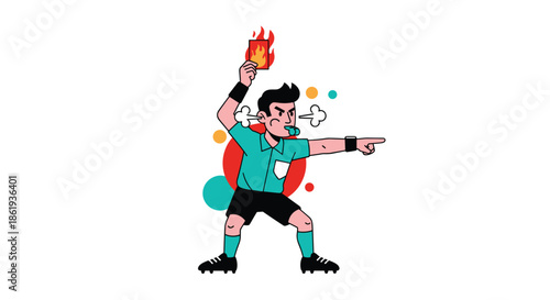 Energetic soccer referee blowing his whistle and showing a dramatic flaming red card while pointing with his other hand.