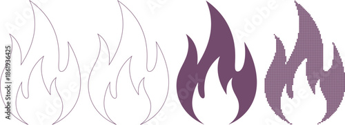 Purple flame icons in different styles and designs for various uses and applications